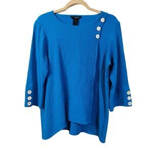 Ali Miles DEEP SEA BLUE Button-Trim Scoop Neck Pucker GAUZY Tunic Top Size PL